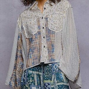 POL Patchwork Floral Plaid Lace Crochet Button Down Boho Top SZ S-M-L